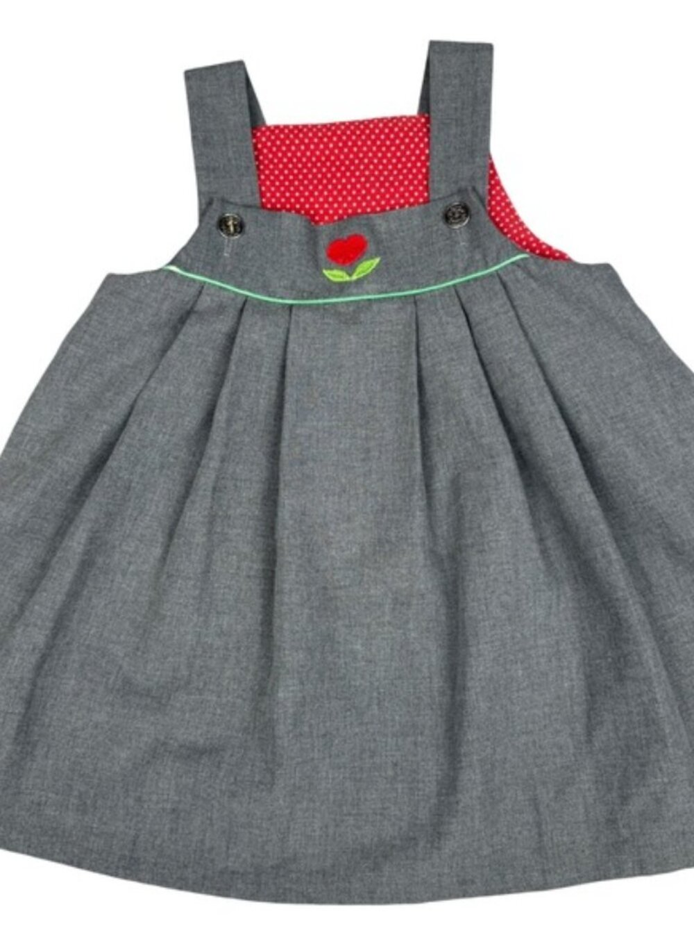 Vintage Girls 4T Jumper Dress Gray Pinafore Heart Embroidery 70s 80s Polka Dot